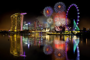Marina Bay Sands, fireworks, city, Singapore
