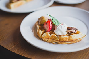 plate of waffle with strawberry, food