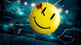 smiley emoji, Watchmen, broken glass, blood stains, falling HD wallpaper