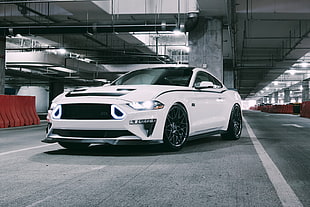 white Ford Mustang coupe, car, racing, Ford Mustang