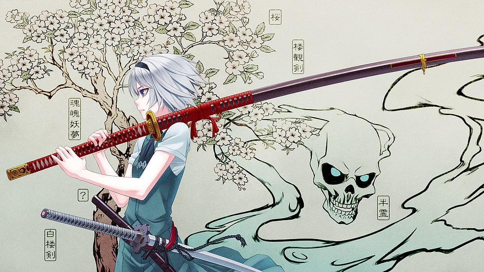 white-haired anime character illustration, katana, Touhou, Konpaku Youmu HD wallpaper