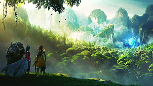 illustration of warriors near forest