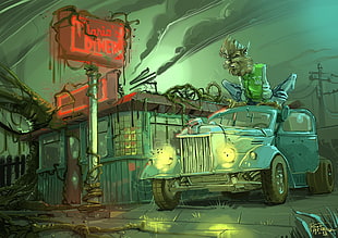 animal standing on green truck illustration, digital art, werewolves