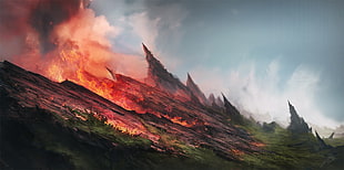 mountains with flames illustration, digital art, landscape, fire