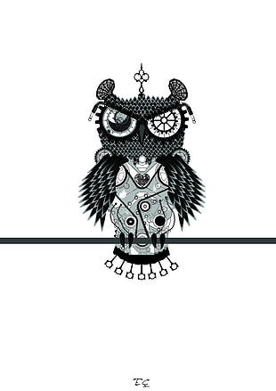 black and white owl figurine, artwork, owl, abstract, white background