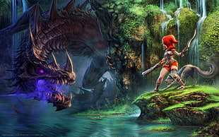 red haired woman fighting dragon