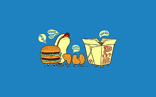 fried chicken and burger illustration, food, minimalism, humor, artwork