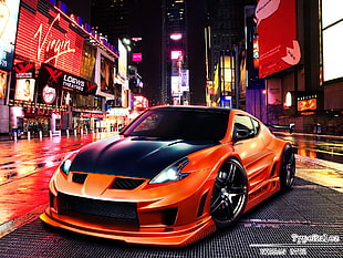 orange Nissan 370Z coupe, car, sports car, tuning, digital art