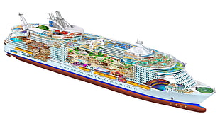 white, blue, and green train table, ship, cruise ship, schematic, transparency