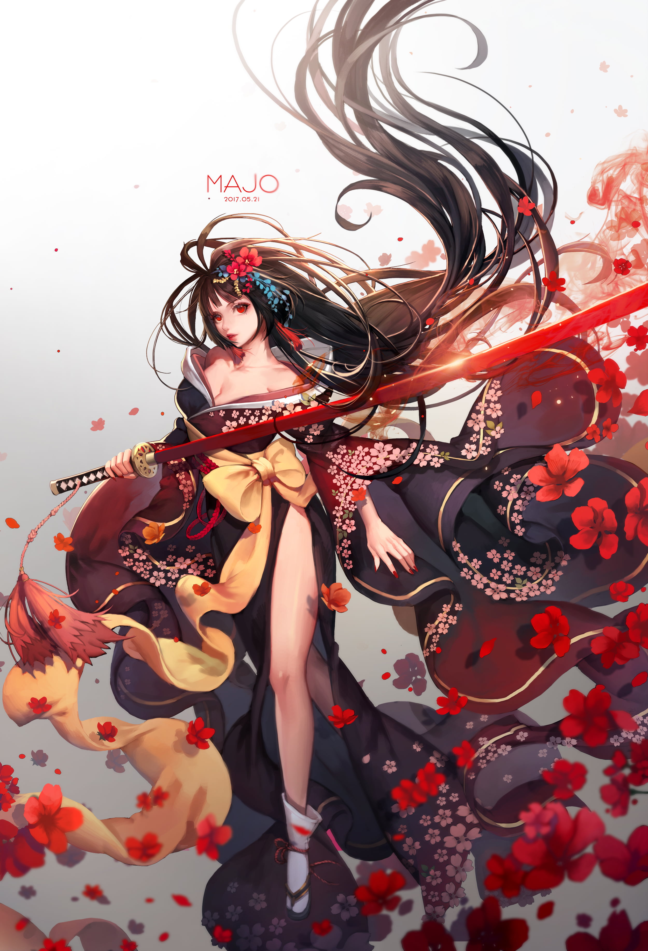 Majo holding sword digital wallpaper, brunette, red eyes, kimono, ribbon