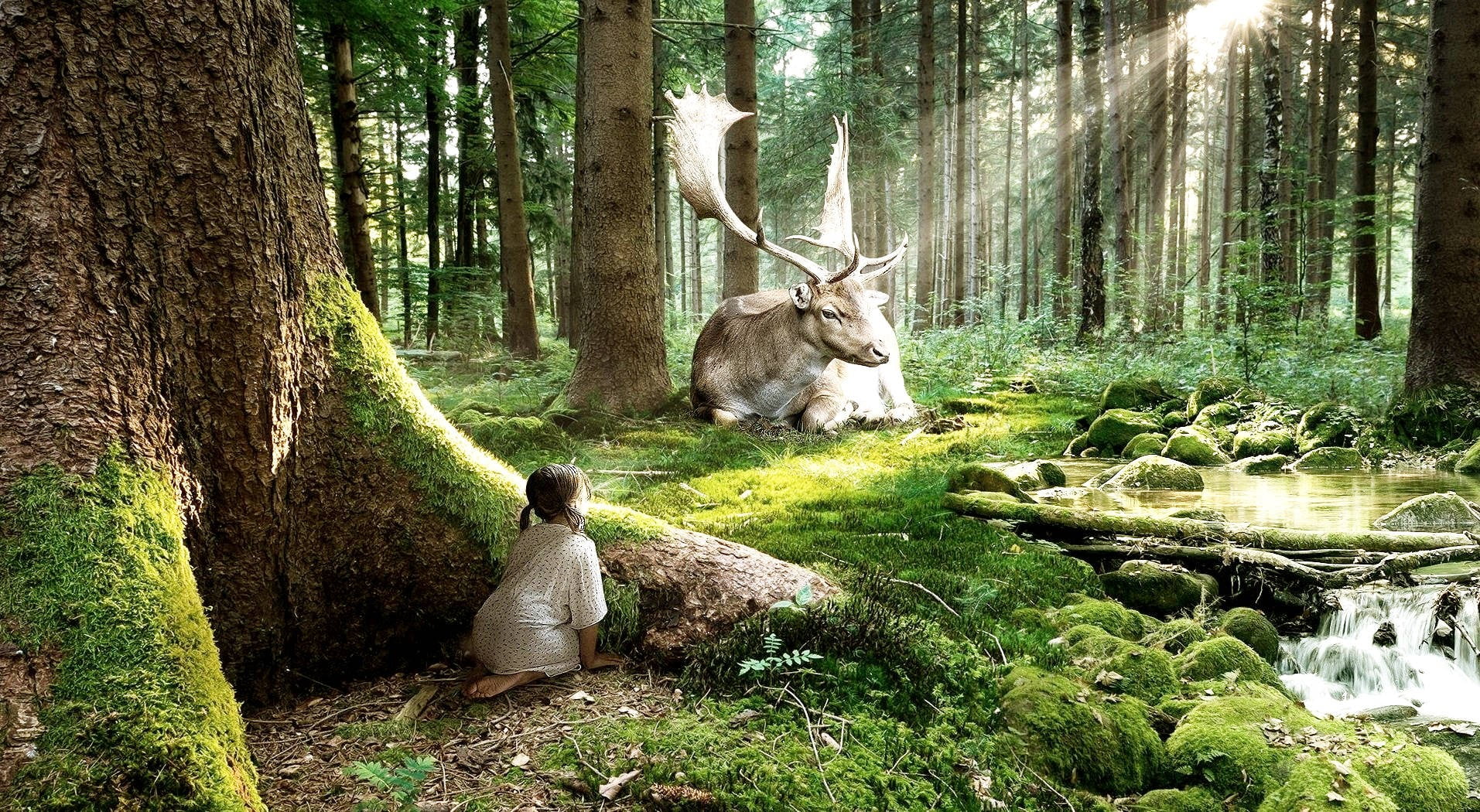 child sitting beside tree facing moose lying on grass, nature, children, animals, fictional
