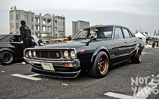black sedan, vehicle, car, Nissan GTR, Japan