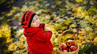 toddler in red jacket beside basket of apples