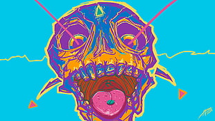 purple and blue skull graphic wallpaper, psychedelic, artwork, skull
