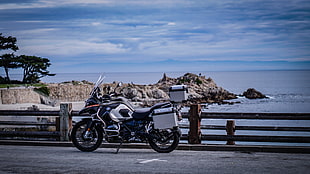 black touring motorcycle, Motorcycle, Bike, Sea HD wallpaper