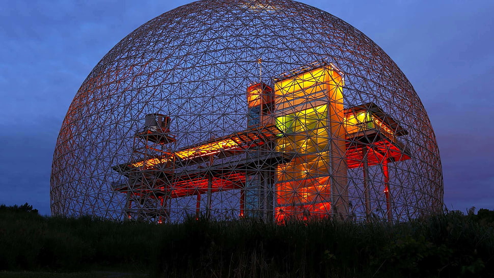 gray concrete building, architecture, modern, sphere, night HD wallpaper