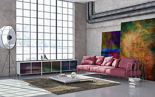 sun ray reflect on pink fabric padded with metal base sofa