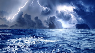 blue ocean wave, lightning, sea HD wallpaper