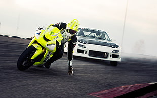 yellow and white sports bike and white vehicle, car, motorcycle, drift