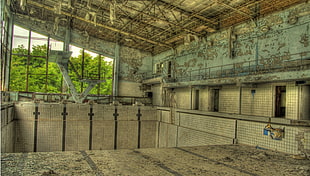 gray metal building, HDR, indoors, Chernobyl, swimming pool