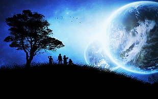 silhouette of people near tree watching other planets 3D wallpaper