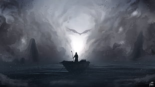 person on boat painting, digital art, painting, landscape, dragon