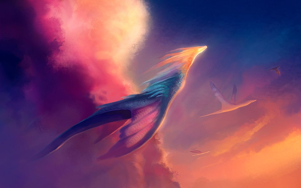blue and pink dragon illustration, artwork, dragon, fantasy art HD wallpaper