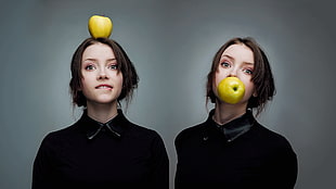 women's black jewel-neckline long-sleeved shirt collage, apples, women, Maria Menshikova, biting lip