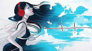 woman wearing red headphones illustration