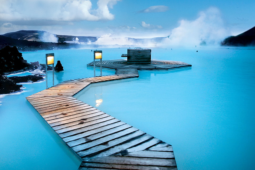 gray wooden dock surrounded by body of water, iceland HD wallpaper