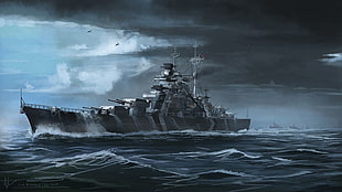 gray warship wallpaper, fantasy art, ship, ocean battle, atlantic ocean