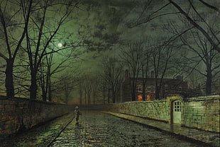 bare tress in an alley at nighttime painting, painting, John Atkinson Grimshaw