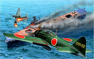 green fighter plane illustration, Japan, World War II, Zero, Mitsubishi