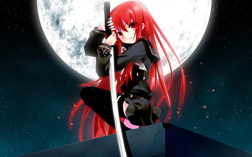 red haired black suit animae illustration HD wallpaper