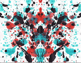 red, green, and black abstract painting, ink, paint splatter, symmetry, Rorschach test