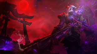 purple and black anime character wallpaper, League of Legends, Jhin, Blood Moon (league of legends)