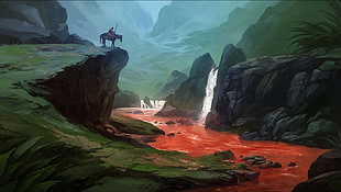 person riding horse at edge of cliff illustration, blood, river, horse, warrior