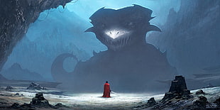 man standing wearing red cape facing dragon digital wallpaper, fantasy art