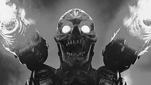 black robot illustration, Doom (game), video games, monochrome, skull