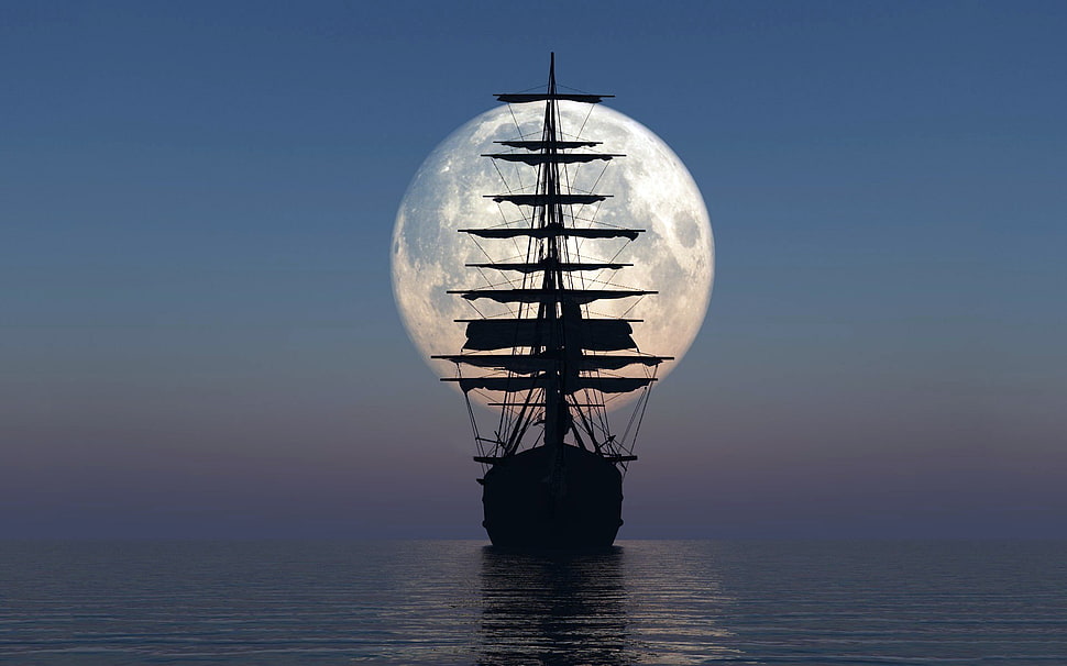silhouette of full-rigged ship sailing at sea under moonlight at nighttime HD wallpaper