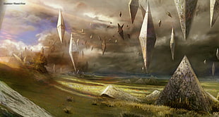 triangular brown floating decor painting, fantasy art