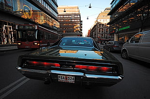 classic black car, car, Dodge, city, street