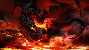 black and red dragon illustration, dragon, fire, Dragon Wings, wings