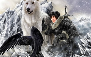 man with sword sitting near white wolf and black bird near snow-capped mountains