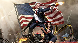 John F. Kennedy using Uzi submachine gun in front of USA flag illustration