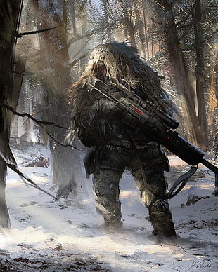 man wearing guilli suit illustration, artwork, Darek Zabrocki , sniper rifle, winter