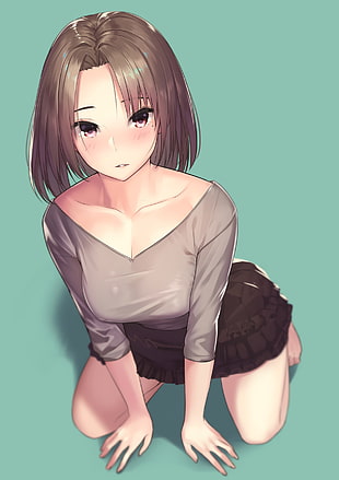 female anime character, simple background, cleavage, short hair, brunette