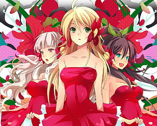 three female anime character with flower background
