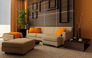 brown leather sectional sofa on brown carpet HD wallpaper