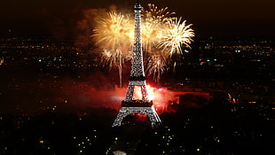 Eiffel Tower with yellow fireworks background, la tour eiffel, paris, tour montparnasse HD wallpaper